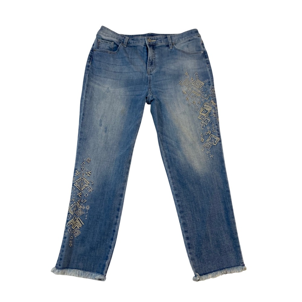 Chico's So Slimming Girlfriend Slim Leg Ankle Embroidered Frayed Jeans Blue 2R